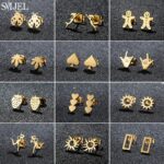 Stainless Steel Mini Stud Earrings for Women Punk Rectangle Sun Strawberry Spades Small Ear Studs Piercing Jewelry Accessory