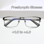 Men Square Metal Large Frame Reading Spring Leg Elderly Presbyopia Glasses Blue Light Blocking Eye Protection Eyeglasses