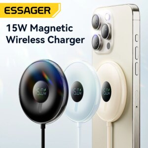 Essager 15W Magnetic Wireless Charger for iPhone 15 14 13 Pro Max Digital Display Wireless Charging Pad for Macsafe for Airpods