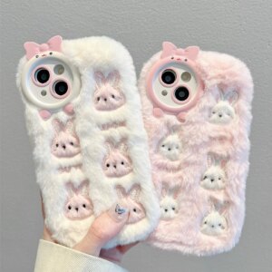 Cute Cartoon Plush Bunny Case For iPhone 14 15 Pro Max 11 12 13 Pro Max Soft Protective Cover