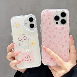 Cute Flower Pink Bow Silicone Phone Case For iPhone 13 16 Pro 15 11 12 14 Pro Max Shockproof Glossy Soft Bowknot Cover Funda