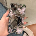 Electroplated Mirror Pink Butterfly Phone Case For iPhone 16 13 11 12 14 15 Pro Max Luxury Plating Wavy Shockproof Makeup Cover