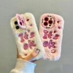 3D Cute embroidery It's OK Hairy Warm Plush Stand Phone Case For iPhone 14 13 12 11 15 Pro Max 16 Plus Holder Bracket Back Cover