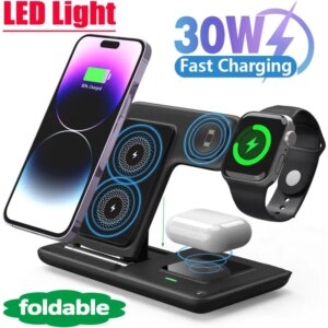 30W 3 in 1 Fast Wireless Charger Stand For iPhone 15 14 13 12 11 Apple Watch Airpods Pro iWatch 8 7 6 Foldable Charging Station