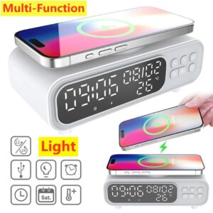 Wireless Charger Pad Time Alarm Clock LED Night Light Thermometer Phone Earphone Fast Charging Station for iPhone Samsung Xiaomi