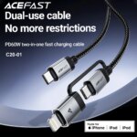 ACEFAST 2 in 1 MFi Certified USB-C to USB-C / Lightning Fast Charging PD60W Phone Cable For iPhone 16/15 Pro Max Wired Cord 1.2M