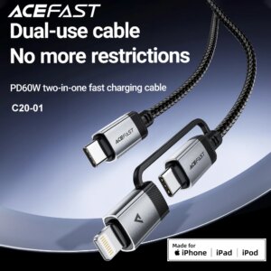 ACEFAST 2 in 1 MFi Certified USB-C to USB-C / Lightning Fast Charging PD60W Phone Cable For iPhone 16/15 Pro Max Wired Cord 1.2M