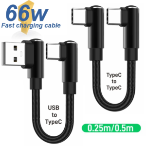90 Degree Elbow 66W 6A Short Data Cable USB A USB C To Type C Fast Charging Cable For iPhone 15 16 Xiaomi Samsung Huawei