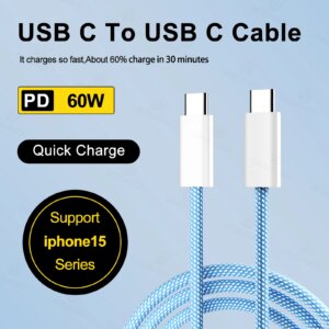 60W 6A USB Type C to Type C Cable Data Line For Iphone 15 Xiaomi Poco Fast Charging Data Charge Cord Wire 20V