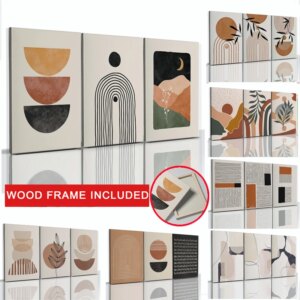 3pcs Boho Abstract Geometry with Framed Wall Art Canvas Painting Poster Leaves Sun Rainbow Living Room Interior Picture Decor