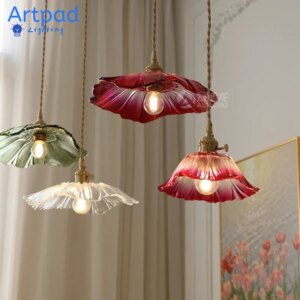 Glass Lotus Leaf Pendant Lights Flowe Hanging Lamps Home Decor Lighting for Living Room Bedroom Bedside Light Fixture Indoor