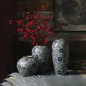 Blue White Porcelain Vintage Style Ceramic Vase, Traditional Pattern, Cylinder Bud Vase for Living Room Table and Entryway Decor