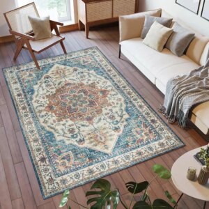 VIKAMA Bohemian Style Loop-Pile Rug - Ultra-Thin, Stain-Resistant, Non-Slip Carpet for Living Room & Office, Soft Floor Mat