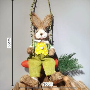 30*55cm Natural Grass Weave Rabbit Ornament Rabbit Figurine Swing Rabbit Handmade Woven Bunny Home Decor Party Door Supply