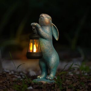 Rabbit Garden Ornaments Outdoor with Solar Lantern, Garden Statues Bunny Figurines Decorations for Patio Yard Lawn Ornaments