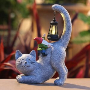 Cat Solar Garden Decor Statues Figurine with Lamp Garden Art for Patio Balcony Yard Lawn Christmas Birthdays Gifts for Mom