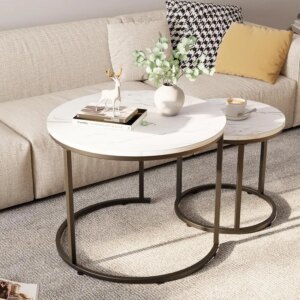 Round Nesting Coffee Table Side Table Set of 2 End Tables for Living Room Bedroom Balcony