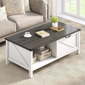 Farmhouse Coffee Table with Storage, 2-Tier Storage Open Shelf Rustic Living Room Tables, White & Black
