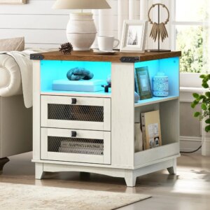 Farmhouse End Table with Charging Station, 24''Large Sofa Side Table with LED Light and 2 Drawers, Square Nightstand with Side S