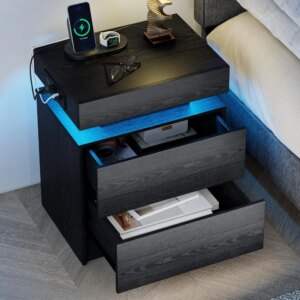 Bedside table with charging station, modern black bedside table with LED lights and drawers, bedroom bedside table/coffee table