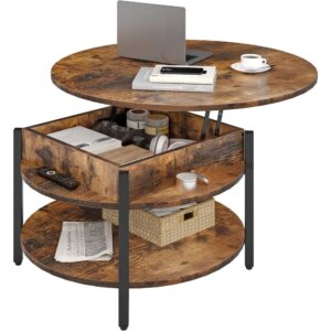 Round Lift Top Coffee Table for Living Room, 35.43'' Round Coffee Table with Storage and Hidden Compartment, 2 Tier Large Farmh