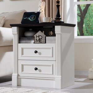 26"*23.6" large pastoral wooden side table with charging station, dresser with Roman Columns, open shelving and 2 drawers.