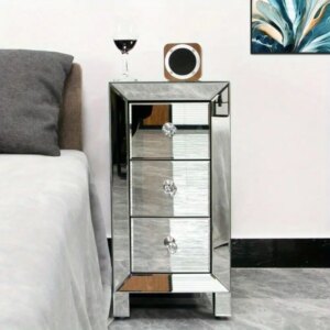 Mirrored Nightstand With 3 Drawer Modern Silver Finished End Bedside Table