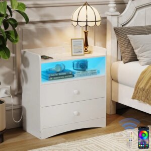 Nightstand with Charging Station and LED Light,Modern Nightstand with USB Ports and Outlets,Wood Bedside Tables with 2 Storage D