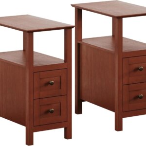 End Tables Living Room Set of 2, 3-Tier Narrow Nightstand with with 2 Drawers, Slim Bedside Tables for Living Room, Bedroom, Sma