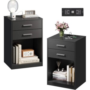 Nightstand Set of 2 with Charging Station, Wood Night Stand Sets with 2 Drawers and Open Shelf, Bed Side Tables Bedroom,