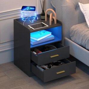 LED Nightstand with Charging Station,Modern Night Stands with 24-Color RGB LED Lights,Smart Lighted  Bed side  Table/Night Stand