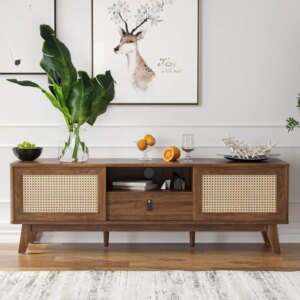 Rattan TV Stand for TVs, Wood TV Stand Mid Century Modern TVs Stand TVs Media Console with Drawer and 2 Cabinets, Boho