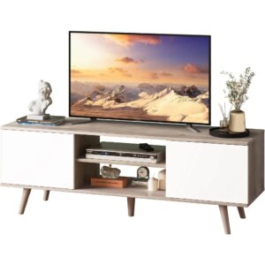 TV Stand for 55 60 inch TV, Boho Entertainment Center with Storage Cabinets, TV Console for Living Room Decor, Greige White