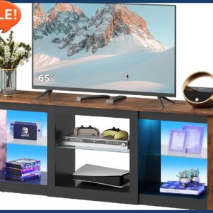 LED TV Stand for 65-Inch TV, 58-Inch Entertainment Center with Adjustable Glass Shelves, Modern Media Console
