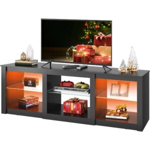 LED TV Stand for 65-Inch TV, 58-Inch Entertainment Center with Adjustable Glass Shelves, Modern Media Console for Living Room