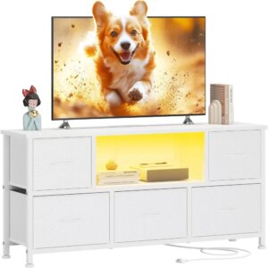 TV Stand for Bedroom,LED Rustic White for Living Room with 5 Fabric Drawers, 43 50in TV Stand with Power Outlet