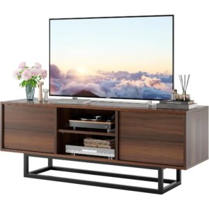 TV Stand, Modern TV Console Small Entertainment Center with Sturdy Metal Base, Push-to-Open Doors and Soft-Close Hinges