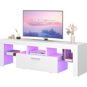 White LED TV Stand with Large Storage Drawer, Modern TV Console Table with Entertainment Center for Living Room, Bedroom, White