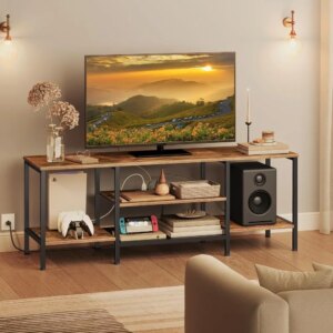 TV Stand with Power Outlets to 65 Inches, TV Console Table with Open Storage Shelves, Industrial Media Entertainment Center