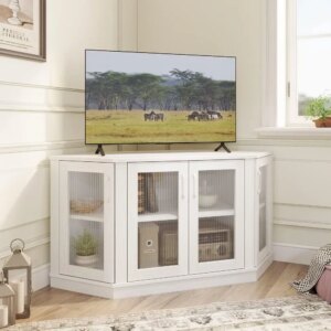 Corner TV Stand - 47 Inch Media Console with 4 Doors and Shelves, Living Room Storage for TVs up to 51 Inch
