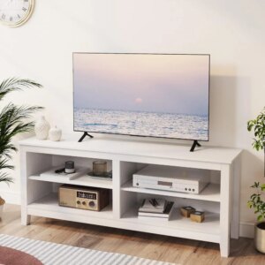 Modern TV Stand for 65 inch TV, White Wood TV Cabinet with 4 Open Storage Shelves, Fits 50-65 Inch TVs, 55 Inches W x 15 Inches