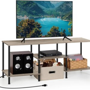 Farmhouse 50" TV Stand with Built-in Outlets & 3-Tier Storage - Multi-Room Media Console for 50/43/40/32" TVs, Rustic Grey