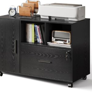 Office File Cabinet with Lock, 1-Drawer Wood Lateral Filing Cabinet on Wheels, Printer Stand with Open Storage Shelves, Black