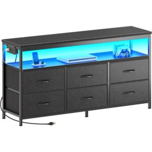 LED TV Stand for Bedroom, 47 Inch Fabric Dresser with Power Outlets, Entertainment CenterTV, 6 Drawer Dresser for Bedroom