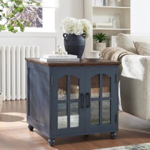 Farmhouse End Table with Charging Station,24" Large Sofa Side Table with Glass Barn Door,Rustic Wood Night Stand with Adjustable