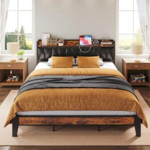 LIKIMIO Twin/Full/Full XL/Queen/Twin XL/California King Bed Frame, Storage Headboard with Charging Station, Easy Assembly