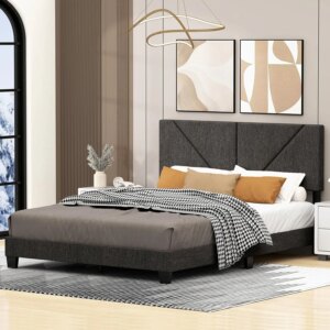 Queen Size Adjustable Headboard Bed Frame, Modern Linen Upholstered Platform Bed with Wood Slat Support - No Box Spring Needed