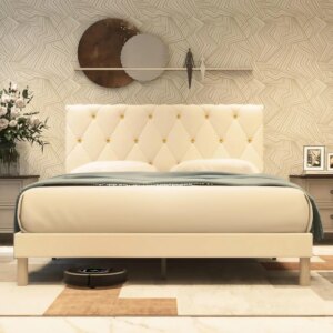 Queen Size Bed Frame, Velvet Upholstered Platform with Headboard, Easy Assembly, No Box Spring Needed, Non-Slip and Noise-Free w