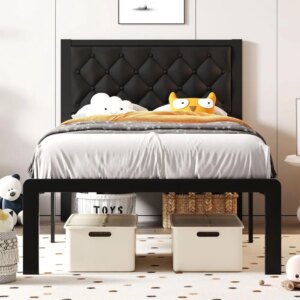 Twin Bed Frame with Headboard PU Leather Upholstered Bed Frame Platform,All Metal Slats Support Platform Bed Frame