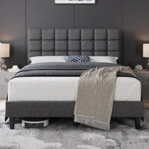 Upholstered Bed Frame, Modern Queen Bed Platform with Square Stitched&Button Tufting Headboard Height Adjustable